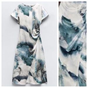 NWOT. Zara Greenish Tie-Dye Satin Effect Midi Dress. Size M.